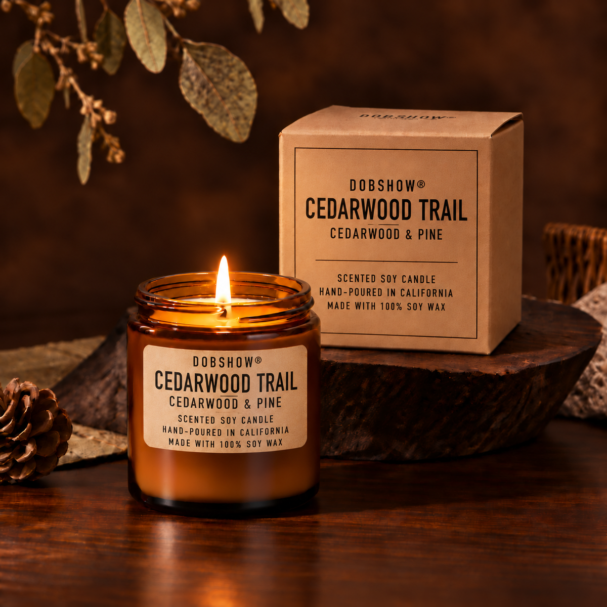 Dobshow® Cedarwood Trail Cedarwood &amp; Pine Scented Soy Candle – Hand-Poured in California