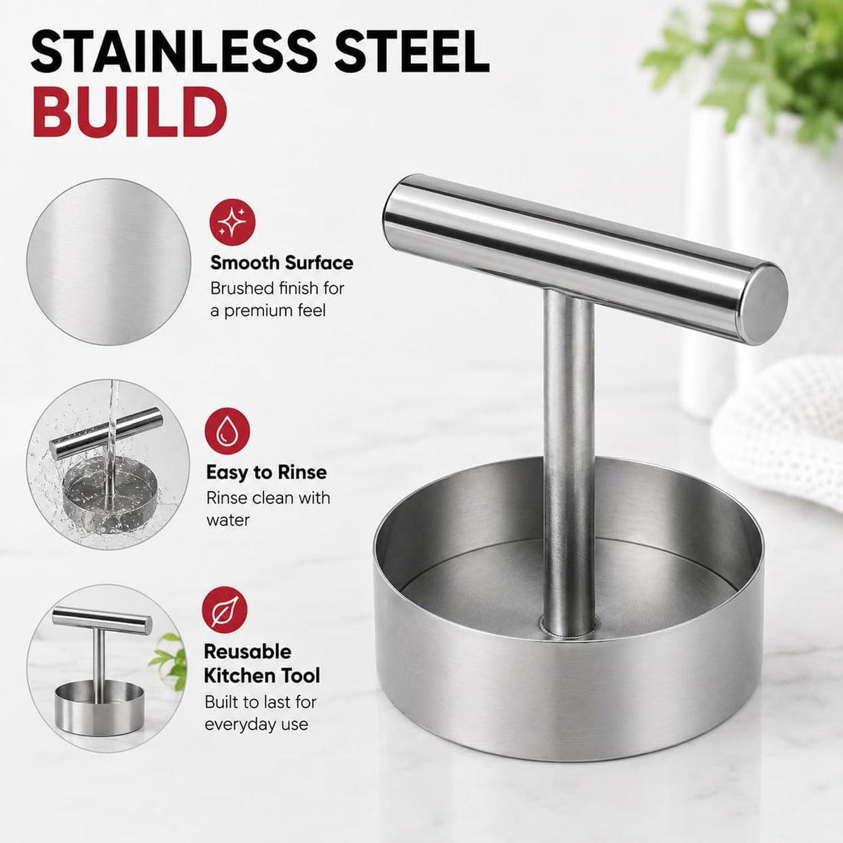 Manual Burger Patty Press,Stainless Steel Hamburger Patty Maker | Makes Uniform Round Patties for BBQ,Grilling,Meal Prep and Home Cooking