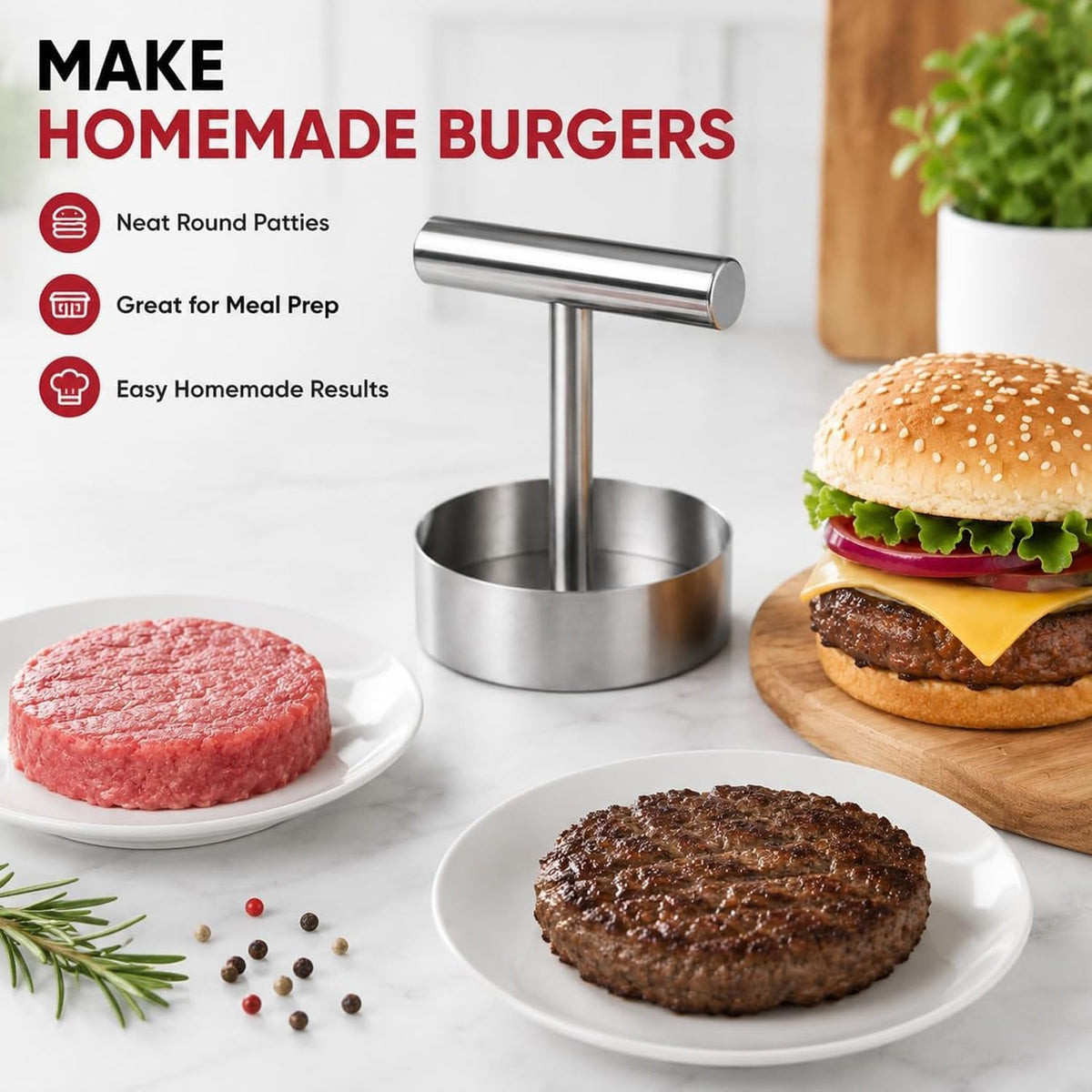 Manual Burger Patty Press,Stainless Steel Hamburger Patty Maker | Makes Uniform Round Patties for BBQ,Grilling,Meal Prep and Home Cooking