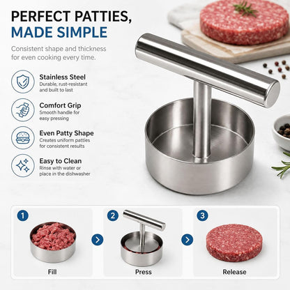 Manual Burger Patty Press,Stainless Steel Hamburger Patty Maker | Makes Uniform Round Patties for BBQ,Grilling,Meal Prep and Home Cooking
