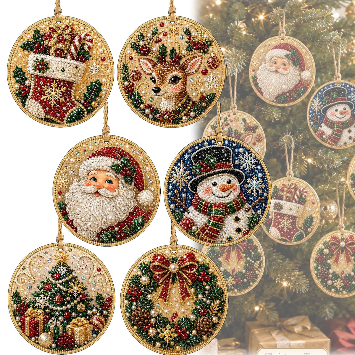 Christmas DIY Diamond Painting Ornaments Kit, Xmas Tree Hanging Pendant, Handmade Craft Decoration Gift for Holiday Home Party