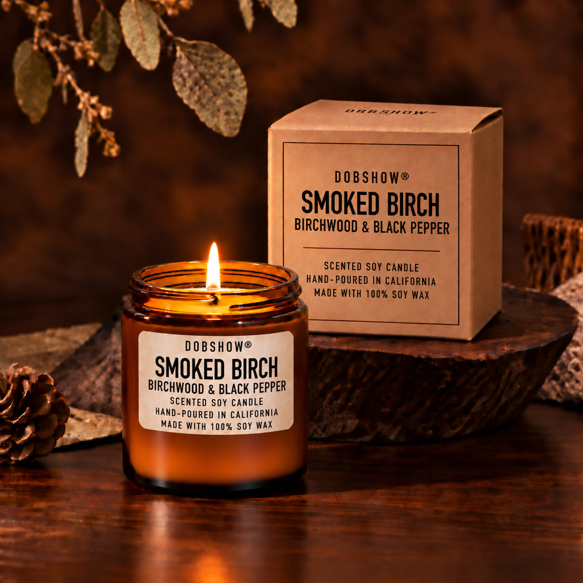 Dobshow® Smoked Birch Birchwood &amp; Black Pepper Scented Soy Candle – Hand-Poured in California